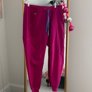 Figs Women's Pants in Magenta with Blue Drawstring